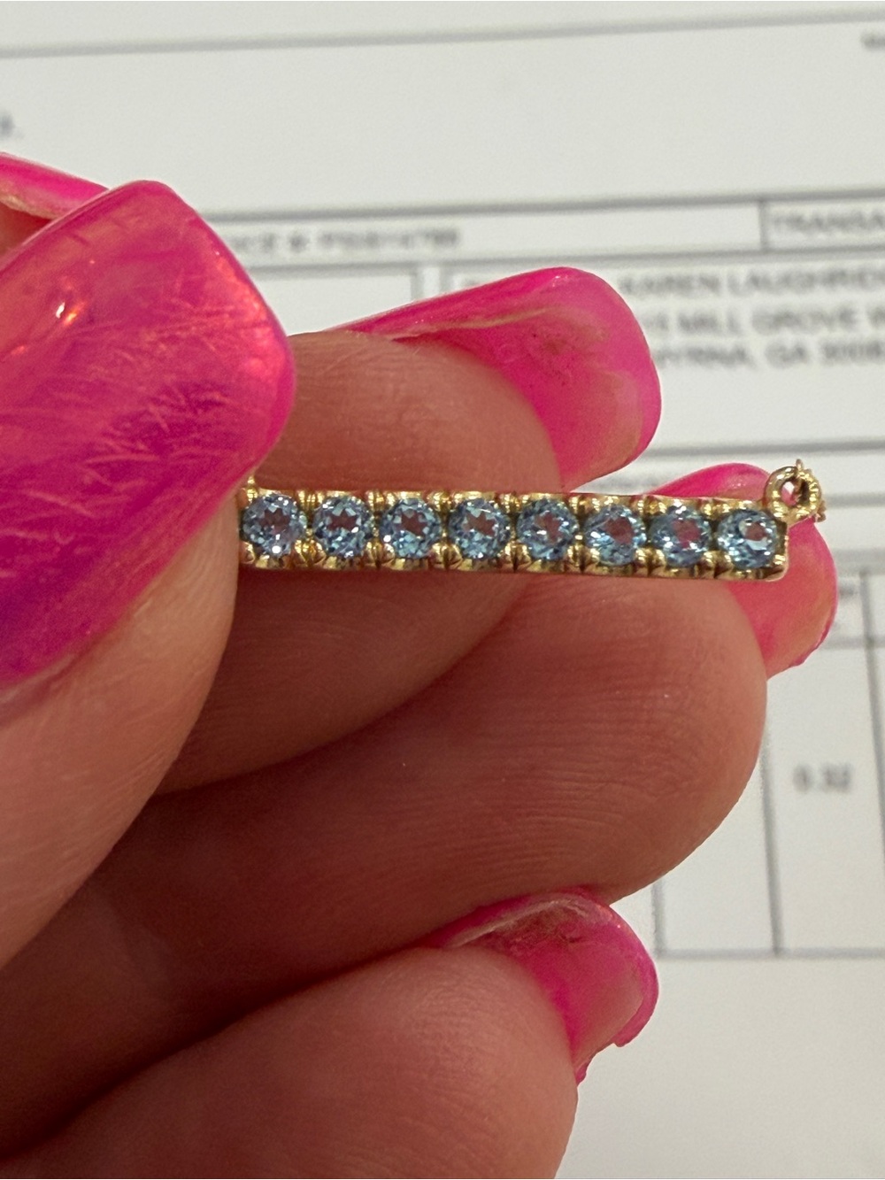 Gold 14k Bar Necklace with Light Blue Stones topaz